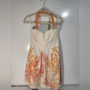 Tori Richard Cream and Orange Halter Dress, Size 12